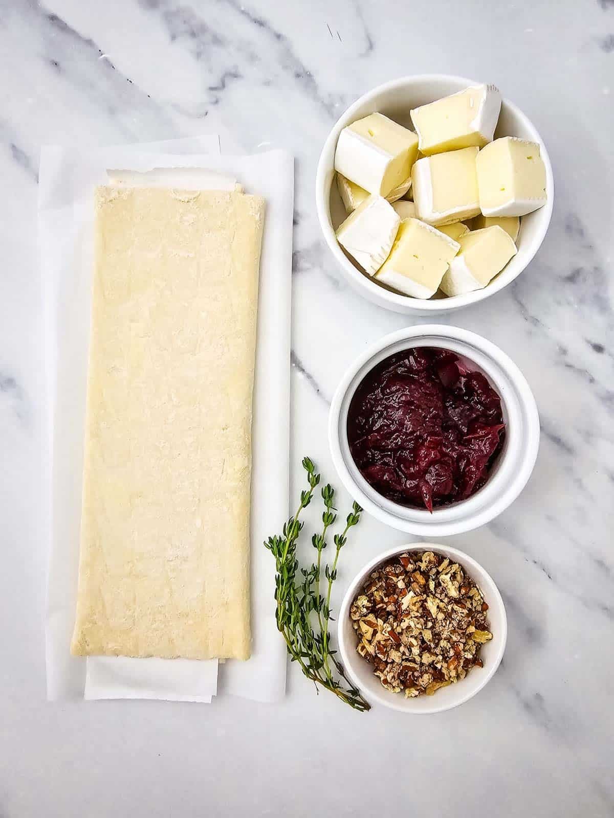 cranberry brie bites ingredients on the kitchen counter