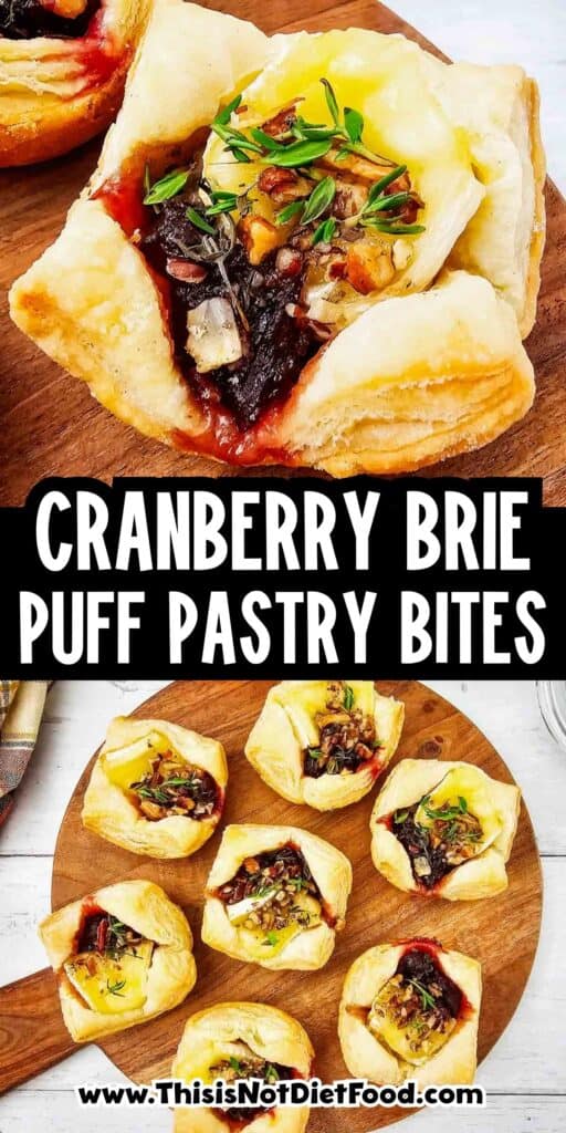 These Puff Pastry Cranberry Brie Bites are an easy holiday appetizer for entertaining. Flaky puff pastry is filled with creamy Brie cheese, sweet-tart cranberry sauce, crunchy pecans, and fresh thyme, then baked until golden and perfectly melty. This Cranberry Brie Bites recipe is perfect for Christmas appetizers, Thanksgiving appetizers, holiday party food, New Year's Eve appetizers, and easy finger foods for entertaining. If you love baked Brie, puff pastry appetizers, cranberry appetizers and Brie recipes, these bite-sized treats are a must-try. With just 5 ingredients and 15 minutes of prep, these easy holiday appetizers look elegant without the extra work. Save these Cranberry Brie Puff Pastry Bites for your next holiday gathering, potluck, Christmas dinner, or party!