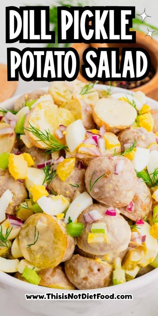 This Dill Pickle Potato Salad is the ultimate creamy and tangy summer side dish for pickle lovers! Tender baby potatoes are tossed with crunchy dill pickles, crisp celery, red onion, fresh dill, and chopped hard-boiled eggs for a flavor-packed twist on Classic Potato Salad. A creamy dressing made with mayonnaise, dill pickle juice, yellow mustard, and red wine vinegar gives this Easy Potato Salad Recipe plenty of zippy pickle flavor. Serve this Dill Pickle Potato Salad Recipe at summer BBQs, backyard cookouts, picnics, potlucks, family dinners, or holiday gatherings. If you're searching for Easy Summer Side Dishes, BBQ Side Dishes, Cold Potato Salad Recipes, Dill Pickle Recipes, Picnic Side Dishes, or the Best Potato Salad Recipe, save this creamy potato salad for later!