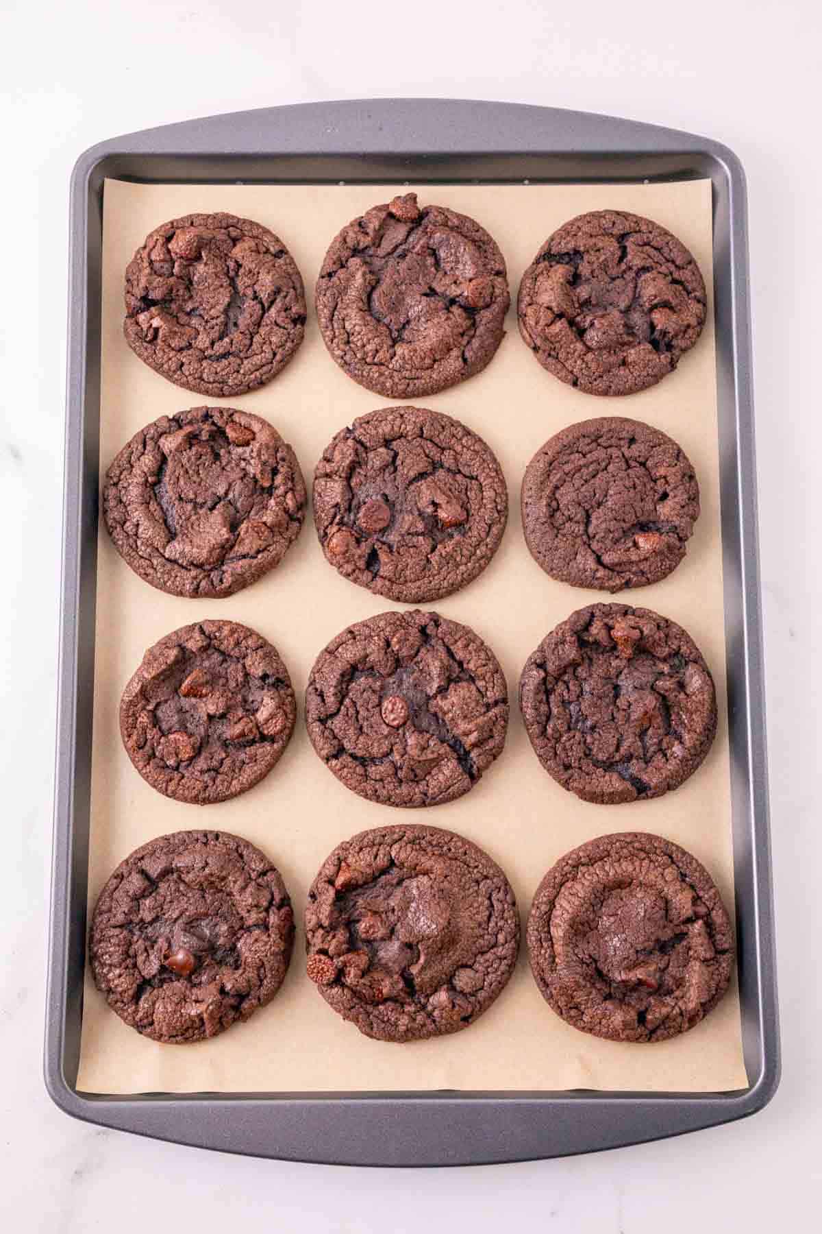 chocolate cookies on a baking sheet