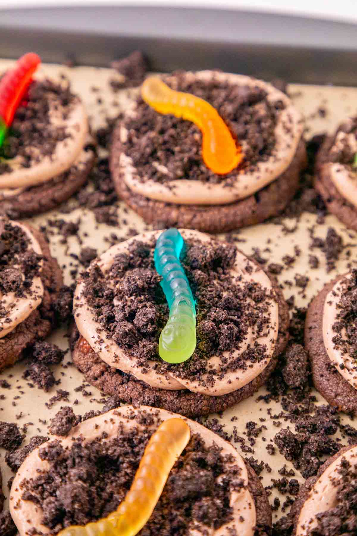These Dirt and Worms Cookies are the ultimate fun and easy Halloween dessert for kids and adults! Rich chocolate cookies are topped with creamy Nutella frosting, crushed Oreo cookie “dirt,” and colorful gummy worms for a spooky treat that’s almost too cute to eat. If you’re searching for Halloween Cookies, Halloween Dessert Recipes, Spooky Cookies, Dirt and Worm Cookies, Gummy Worm Desserts, Oreo Desserts, or Easy Halloween Treats, save this recipe! These creepy-cute cookies are perfect for Halloween Party Food, Halloween Baking Ideas Easy, Halloween Food For Party, Halloween Treats For Kids, Spooky Halloween Desserts, Halloween Cookie Ideas, and fun classroom treats. With store bought cookie dough and simple decorating, these easy Halloween cookies come together quickly for parties, movie nights, and October celebrations.