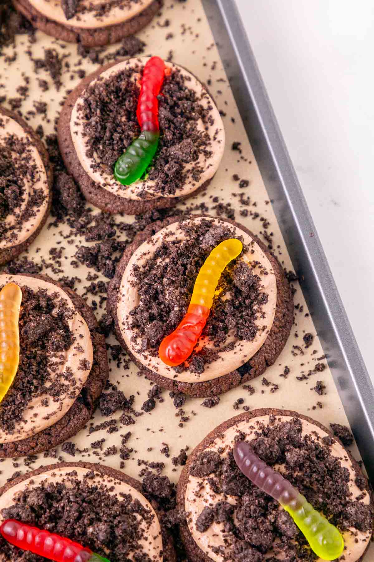 These Dirt and Worms Cookies are the ultimate fun and easy Halloween dessert for kids and adults! Rich chocolate cookies are topped with creamy Nutella frosting, crushed Oreo cookie “dirt,” and colorful gummy worms for a spooky treat that’s almost too cute to eat. If you’re searching for Halloween Cookies, Halloween Dessert Recipes, Spooky Cookies, Dirt and Worm Cookies, Gummy Worm Desserts, Oreo Desserts, or Easy Halloween Treats, save this recipe! These creepy-cute cookies are perfect for Halloween Party Food, Halloween Baking Ideas Easy, Halloween Food For Party, Halloween Treats For Kids, Spooky Halloween Desserts, Halloween Cookie Ideas, and fun classroom treats. With store bought cookie dough and simple decorating, these easy Halloween cookies come together quickly for parties, movie nights, and October celebrations.