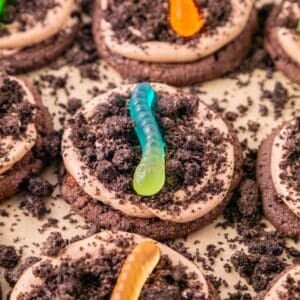 These Dirt and Worms Cookies are the ultimate fun and easy Halloween dessert for kids and adults! Rich chocolate cookies are topped with creamy Nutella frosting, crushed Oreo cookie “dirt,” and colorful gummy worms for a spooky treat that’s almost too cute to eat. If you’re searching for Halloween Cookies, Halloween Dessert Recipes, Spooky Cookies, Dirt and Worm Cookies, Gummy Worm Desserts, Oreo Desserts, or Easy Halloween Treats, save this recipe! These creepy-cute cookies are perfect for Halloween Party Food, Halloween Baking Ideas Easy, Halloween Food For Party, Halloween Treats For Kids, Spooky Halloween Desserts, Halloween Cookie Ideas, and fun classroom treats. With store bought cookie dough and simple decorating, these easy Halloween cookies come together quickly for parties, movie nights, and October celebrations.