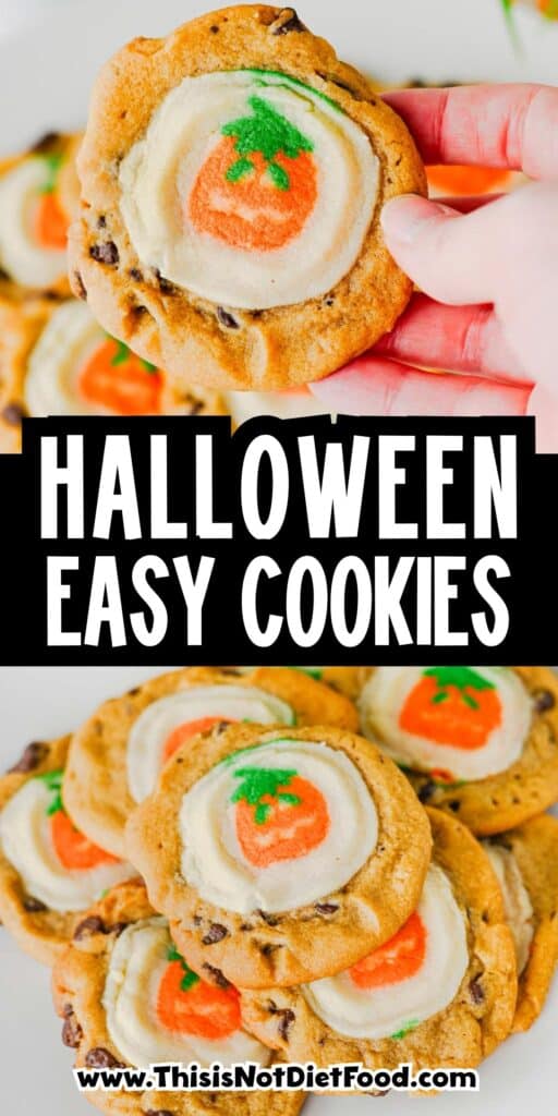 These Easy Halloween Cookies are the ultimate spooky season treat when you need something cute, festive, and incredibly simple! Made with just two ingredients, these Halloween cookies combine classic chocolate chip cookie dough with Pillsbury Pumpkin Shaped Cookies for an adorable two-in-one dessert. If you're searching for Easy Halloween Cookies, Halloween Cookie Ideas, Halloween Treats For Kids, Pillsbury Halloween Cookies, Easy Halloween Desserts, Fall Cookie Recipes, Pumpkin Cookies, or Halloween Party Food, you'll love this shortcut recipe. They bake in just 10 minutes and are perfect for Halloween parties, school treats, fall gatherings, movie nights, and October baking with kids. Save these easy Halloween cookies for a fun spooky treat everyone will love!
