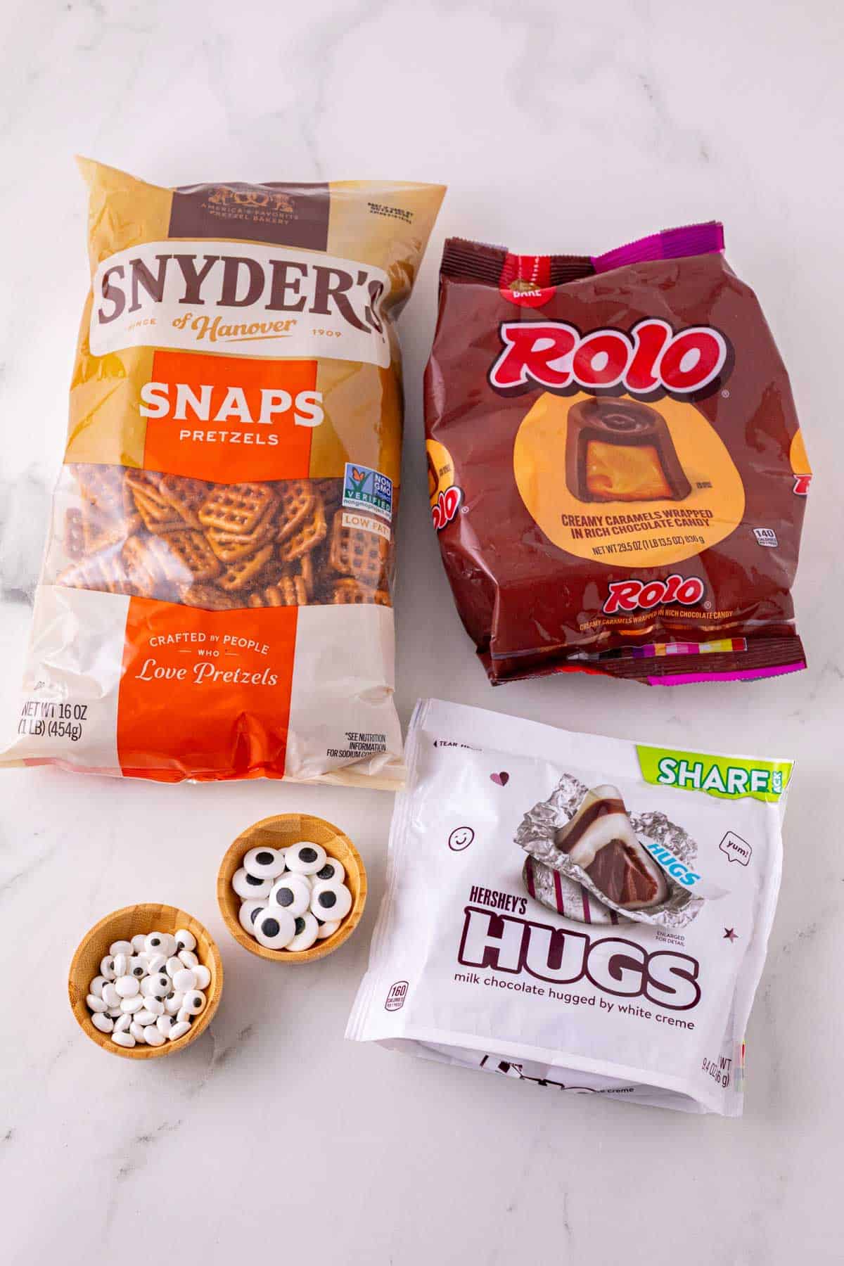 halloween pretzel rolo bites ingredients on the kitchen counter