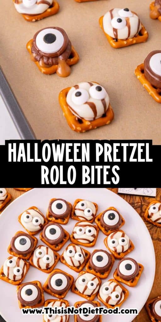 These Halloween Pretzel Rolo Bites are an easy Halloween treat made with crunchy pretzels, gooey Rolo chocolates, Hershey’s Hugs and spooky candy eyes! If you need Easy Halloween Treats, Halloween Pretzel Treats, Halloween Party Food, Halloween Snacks for Kids or quick No Fuss Halloween Desserts, these sweet and salty bites are perfect. They’re ready with just 10 minutes of prep and 3 minutes in the oven, making them a fun choice for Halloween Party Snacks, Classroom Halloween Treats, Halloween Candy Treats and Spooky Halloween Food. Add candy eyeballs to create creepy monster pretzel bites with melted chocolate and caramel. Save these Rolo Pretzel Bites for Halloween Baking Ideas, Easy Halloween Desserts, Kids Halloween Snacks, Halloween Finger Foods and simple Halloween Party Treats everyone will love!