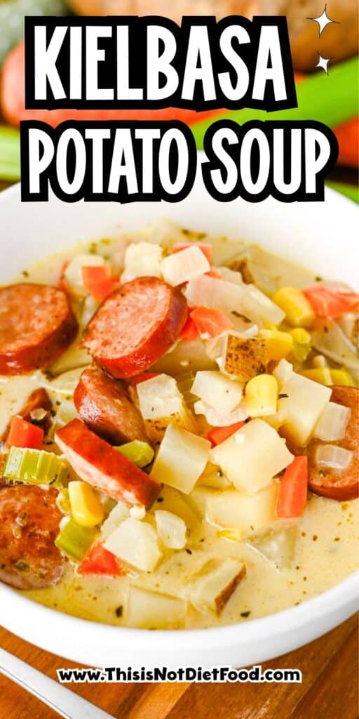 This Kielbasa Potato Soup is a hearty, creamy comfort food dinner loaded with smoky sausage, tender potatoes, carrots, celery, corn, and savory flavor. If you're searching for an Easy Kielbasa Soup, Creamy Potato Soup, Sausage Potato Soup, or cozy Fall Soup Recipe, this simple one pot meal is perfect for busy weeknights. Crispy kielbasa adds delicious smoky flavor to a rich chicken broth and heavy cream base, while russet potatoes make every spoonful filling and satisfying. This easy Potato Soup with Kielbasa is a great choice for cold weather dinners, family meals, and comforting Winter Soup Recipes. Add this creamy Kielbasa Sausage Soup to your list of Easy Soup Recipes, Hearty Soup Recipes, Potato Soup Recipes, and cozy dinner ideas. Save this recipe for a satisfying meal!