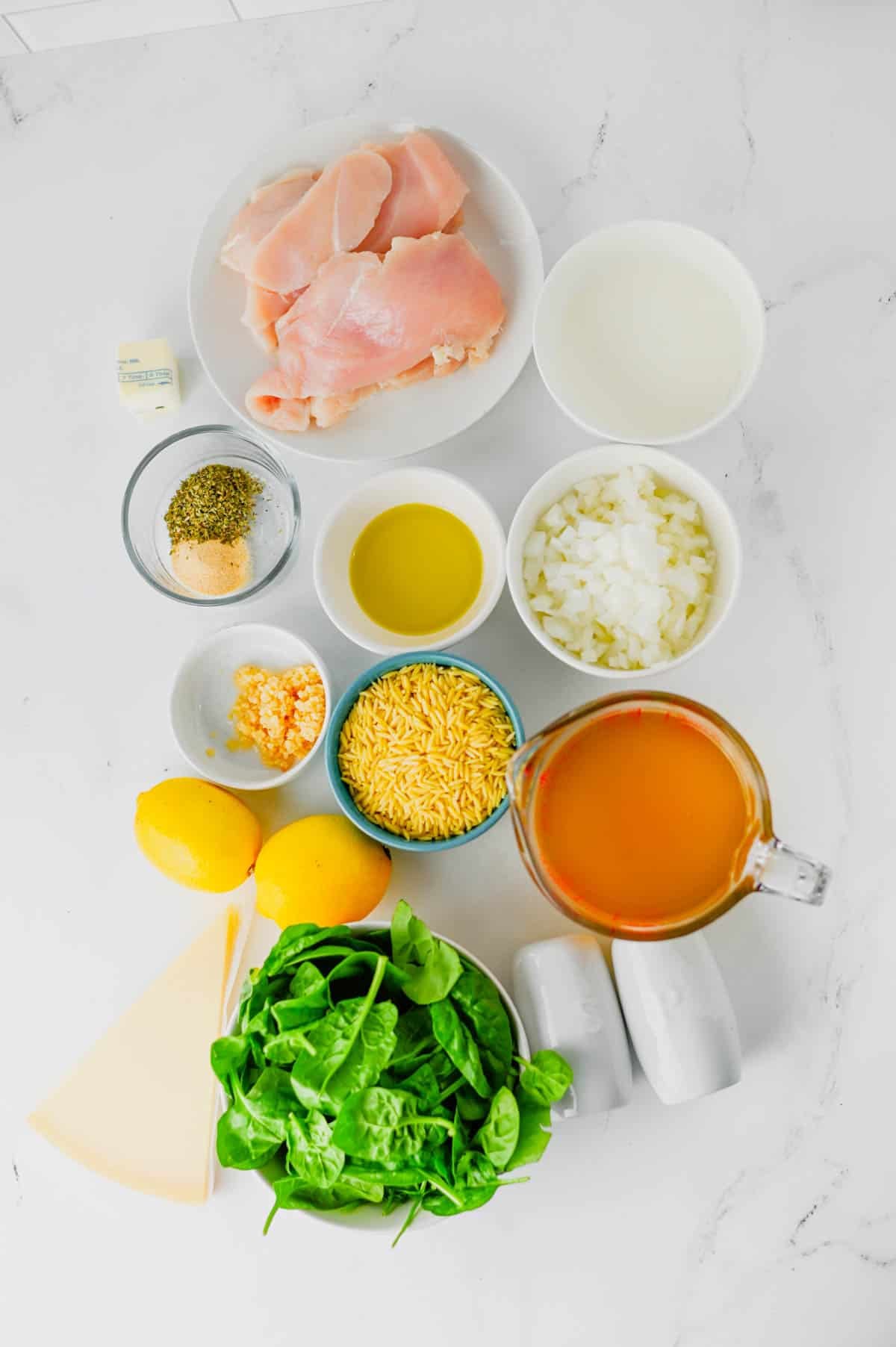 lemon chicken orzo ingredients on the kitchen counter