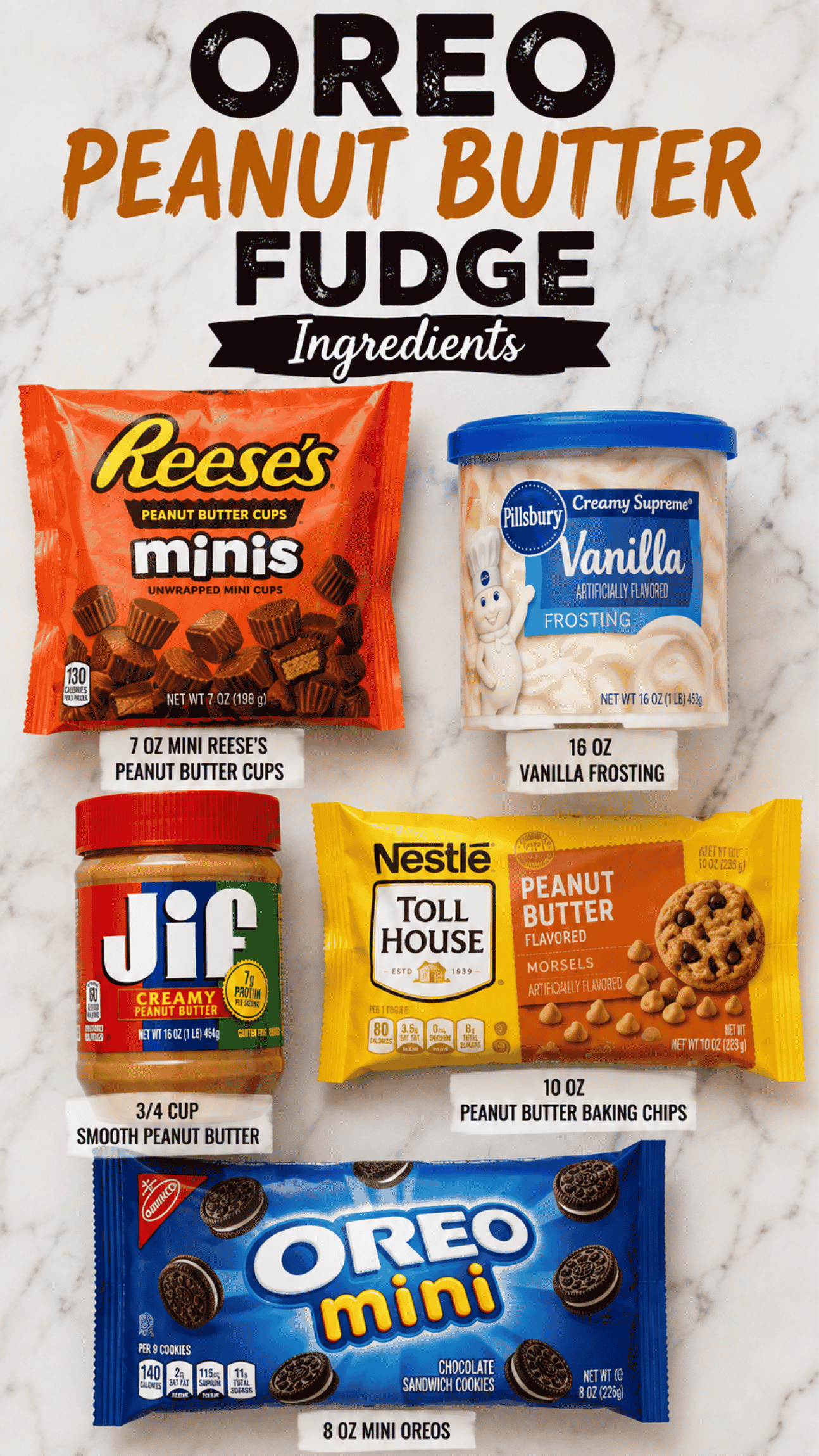 oreo peanut butter fudge ingredients on the kitchen counter