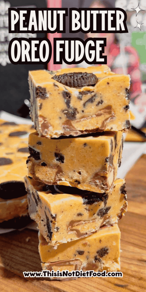 This Oreo Peanut Butter Fudge is the ultimate easy no bake dessert for peanut butter and chocolate lovers! Loaded with mini Reese’s Peanut Butter Cups, creamy peanut butter, peanut butter baking chips, vanilla frosting, and crunchy mini Oreos, this rich homemade fudge is packed with irresistible flavor. If you’re looking for Easy Fudge Recipes, Oreo Desserts, Peanut Butter Desserts, Reese’s Desserts, or No Bake Dessert Recipes, this simple treat is a must-try. Perfect for Christmas Candy, Holiday Desserts, Cookie Exchange Recipes, Party Desserts, Potluck Desserts, and homemade edible gifts, this Microwave Fudge Recipe takes just 15 minutes of prep. Save this Oreo Fudge Recipe when you need an easy dessert that combines cookies and cream with creamy peanut butter and Reese’s candy in every bite!