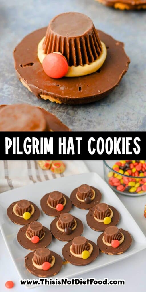 These easy Pilgrim Hat Cookies are the cutest Thanksgiving dessert for your holiday table! Made with Keebler Fudge Stripe cookies, Reese's Peanut Butter Cups, Reese's Pieces and homemade peanut butter frosting, these no bake Thanksgiving cookies are fun, festive and simple to make. With just 20 minutes of prep, this easy Thanksgiving treat is perfect for kids, classroom parties, Friendsgiving, Thanksgiving dinner or a fall dessert table. If you're looking for cute Thanksgiving cookies, easy Thanksgiving desserts, no bake fall treats, Thanksgiving food ideas for kids or simple holiday desserts, these chocolate peanut butter Pilgrim Hat Cookies are a must-try. Save this easy Thanksgiving cookie recipe for a edible craft, party treat or quick Thanksgiving dessert everyone will want to grab!