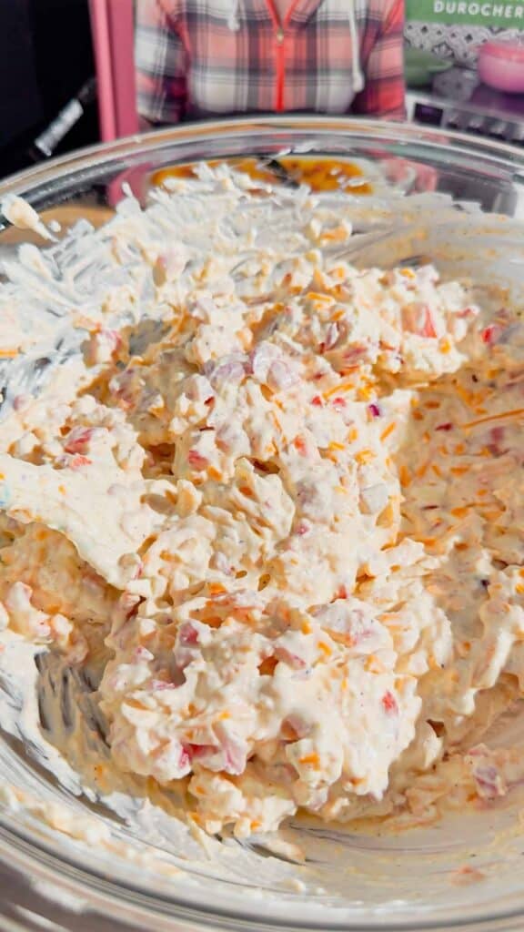 pimento cheese mixture in glass bowl