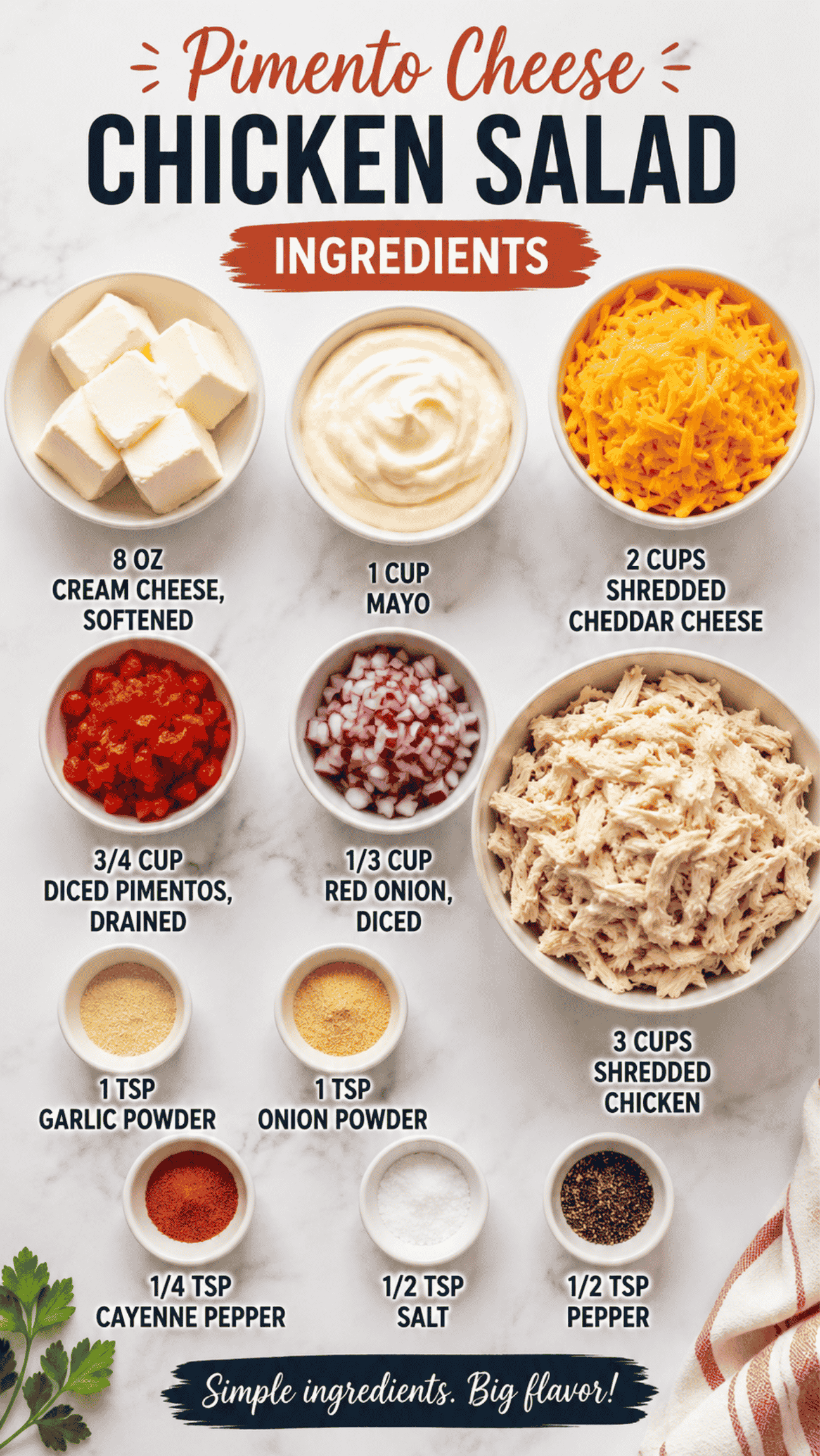 pimento cheese chicken salad ingredients on the kitchen counter