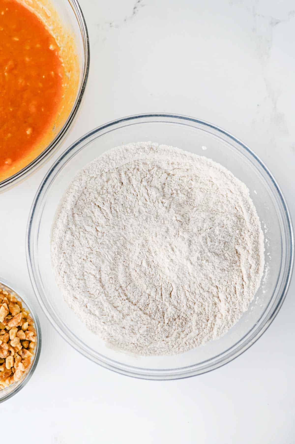 dry ingredients in a glass mixing bowl