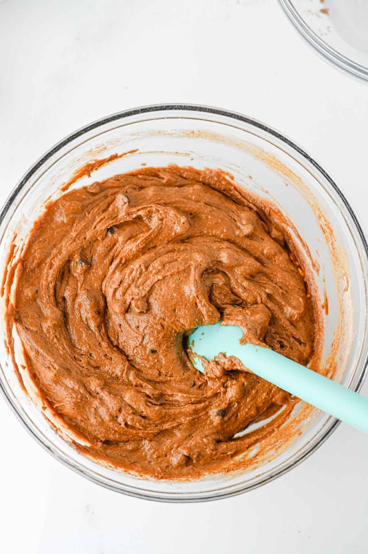 chocolate chips stirred into pumpkin chocolate muffin batter