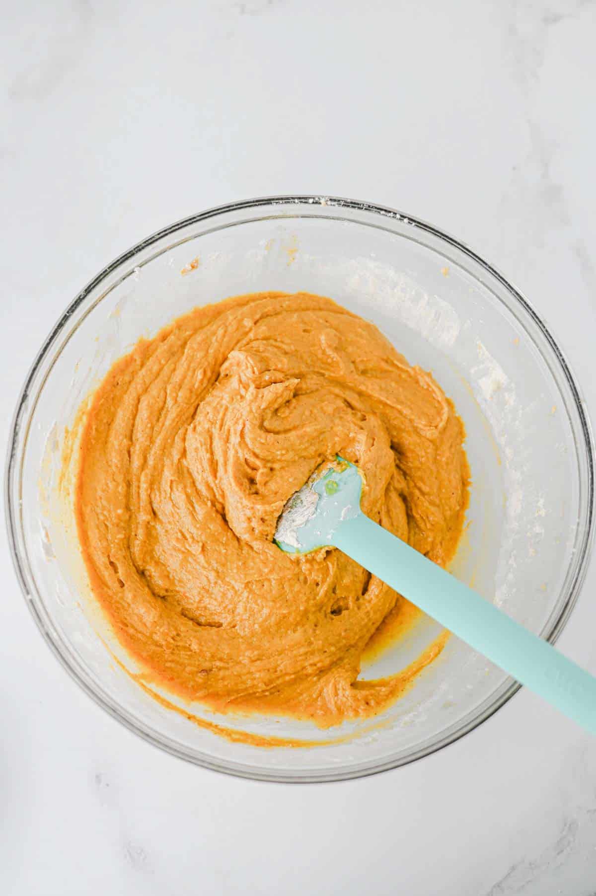 pumpkin coffee cake batter in a mixing bowl