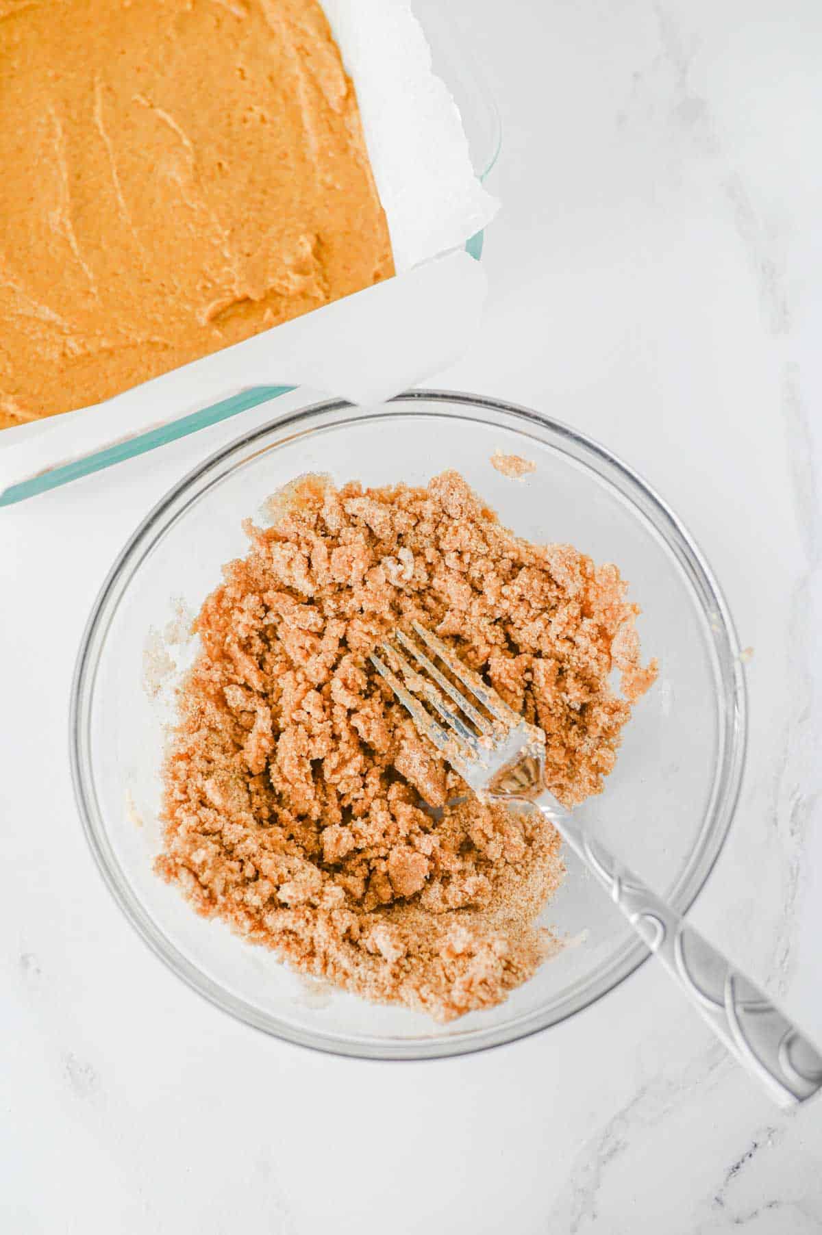 crumble topping mixture in a glass bowl