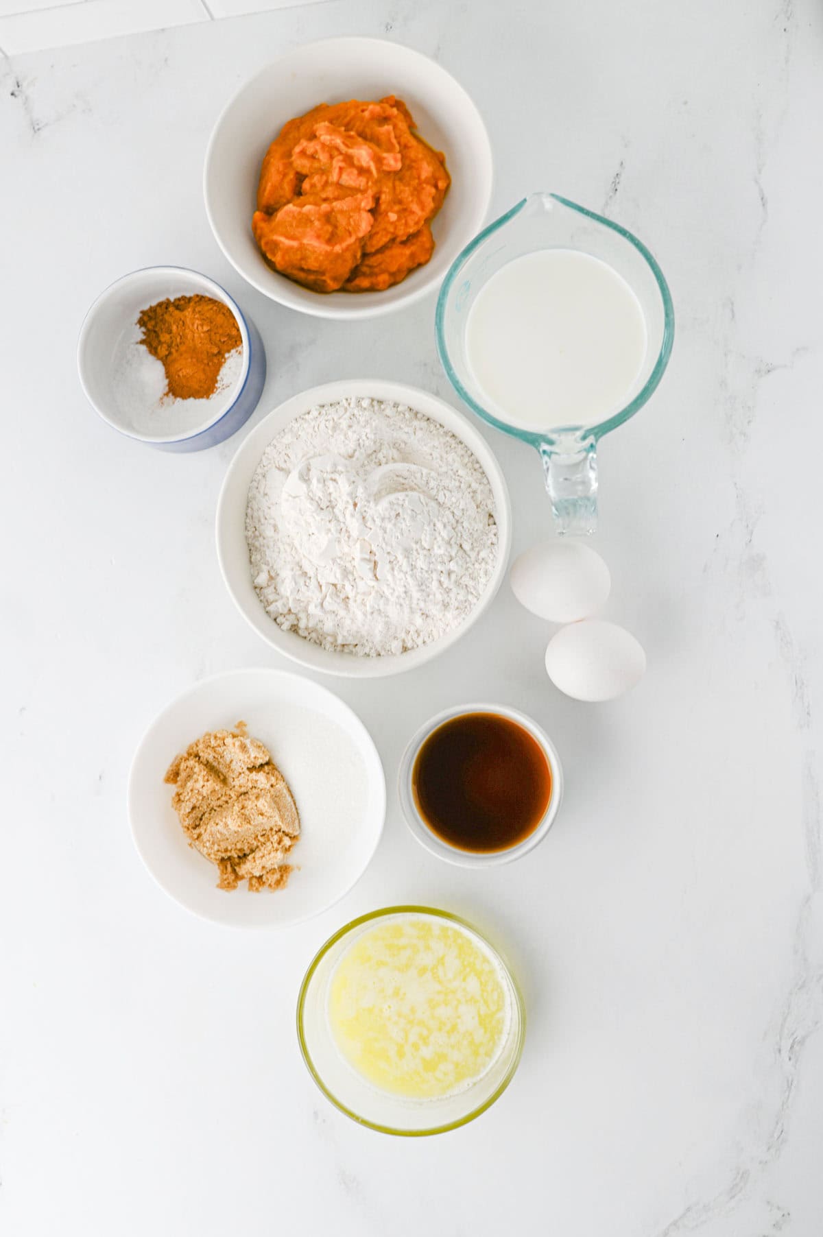 pumpkin pancakes ingredients on the kitchen counter