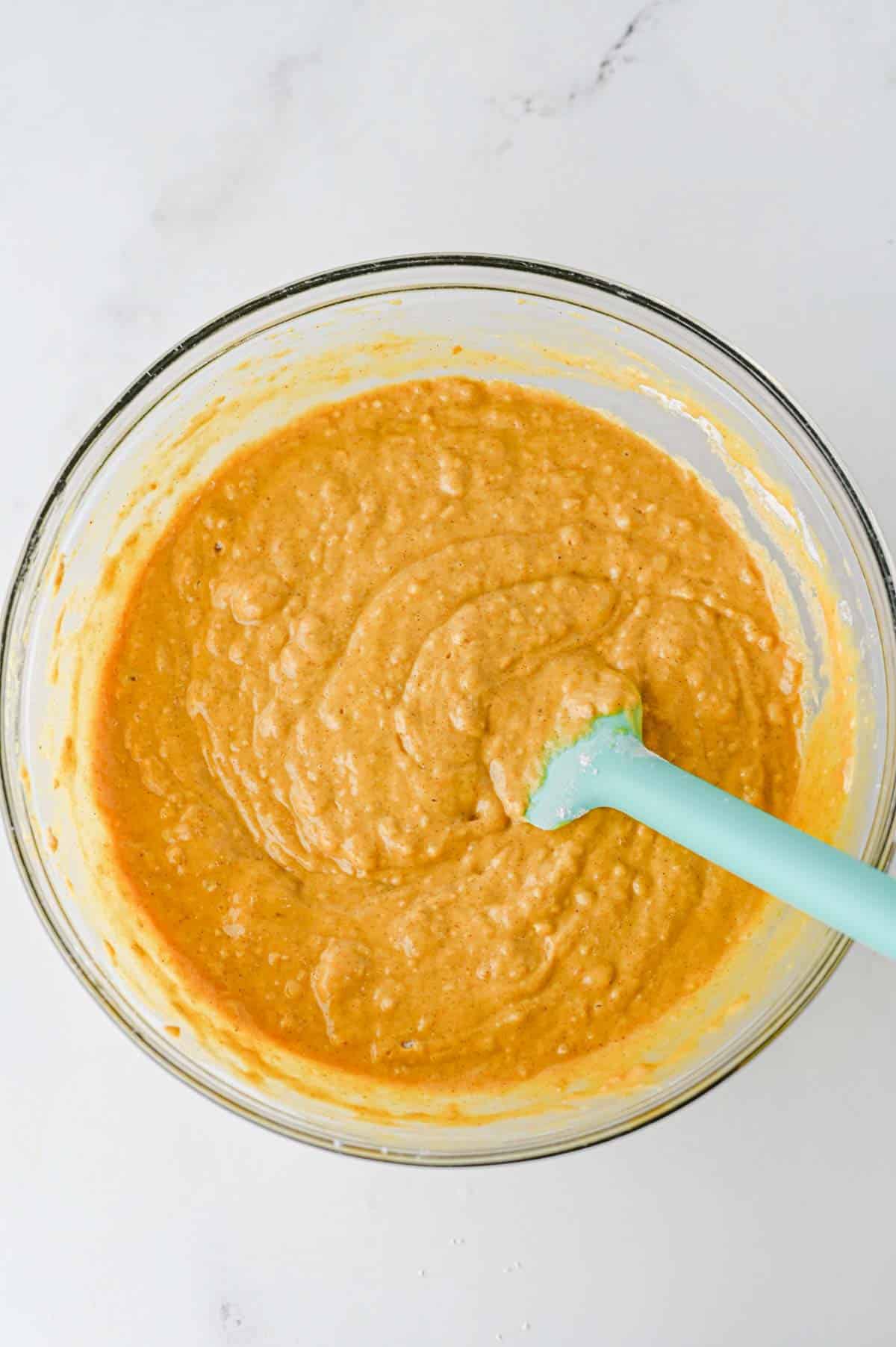 pumpkin pancake batter in a mixing bowl