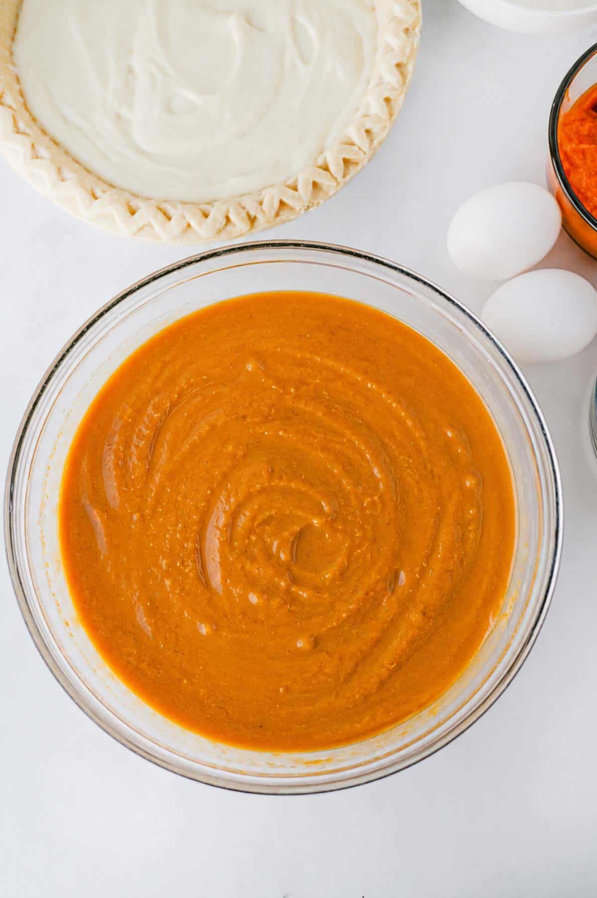 pumpkin pie filling in a mixing bowl