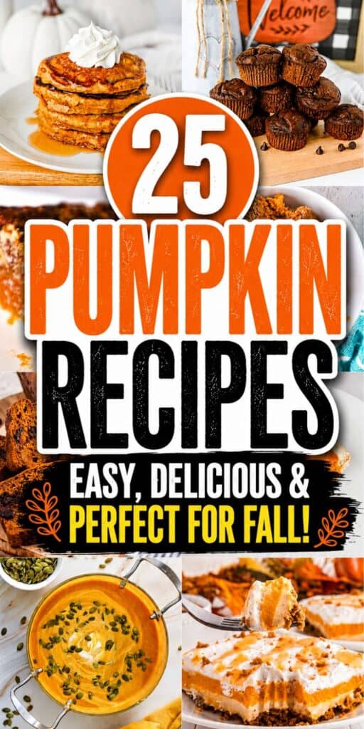 Save this collection of 25 Pumpkin Recipes when you’re craving all the cozy flavors of fall! These Autumn Recipes include everything from Pumpkin Dessert Ideas and Quick Pumpkin Desserts to Pumpkin Dinner Recipes, Pumpkin Pasta Recipes, and comforting Fall Dinner Ideas. You’ll find Fall Baked Goods, Pumpkin Coffee Cakes, Pumpkin Cream Cheese Muffins, Pumpkin Cake, Pumpkin Spice Muffins, Pumpkin Pancakes, creamy pumpkin soup, and more Easy Homemade Recipes. Whether you need Fall Baking Ideas, Fall Food Ideas, a Nutritious Breakfast, a Hearty Dinner, or the Best Pumpkin Desserts for Thanksgiving, this roundup is packed with Fall Recipe Ideas. These sweet and savory Pumpkin Recipes make Fall Cooking easy, delicious, and perfect for pumpkin season. Save this cozy fall roundup for later!