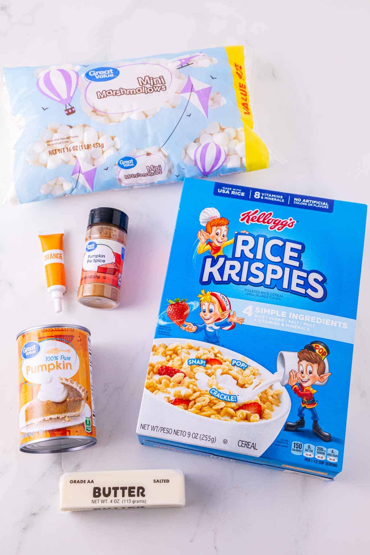 pumpkin rice krispie treats ingredients on the kitchen counter