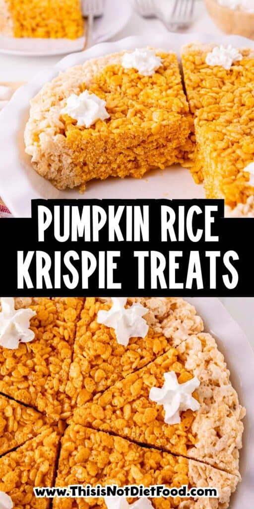These Pumpkin Rice Krispie Treats are a fun fall dessert that turns classic marshmallow cereal treats into an adorable pumpkin pie! Made with buttery Rice Krispies, pumpkin puree, pumpkin pie spice and orange food coloring, this easy no bake dessert is perfect for Halloween parties, Thanksgiving dessert tables and fall gatherings. If you’re looking for easy pumpkin desserts, Halloween Rice Krispie treats, no bake fall desserts or easy fall treats for kids, this festive recipe is a must-try. The crispy Rice Krispie crust surrounds a soft, chewy pumpkin-spiced center that looks just like pumpkin pie. Add whipped topping before serving for a festive finish everyone will love. Save these Pumpkin Rice Krispie Treats for your fall baking, Halloween dessert and Thanksgiving treat ideas!
