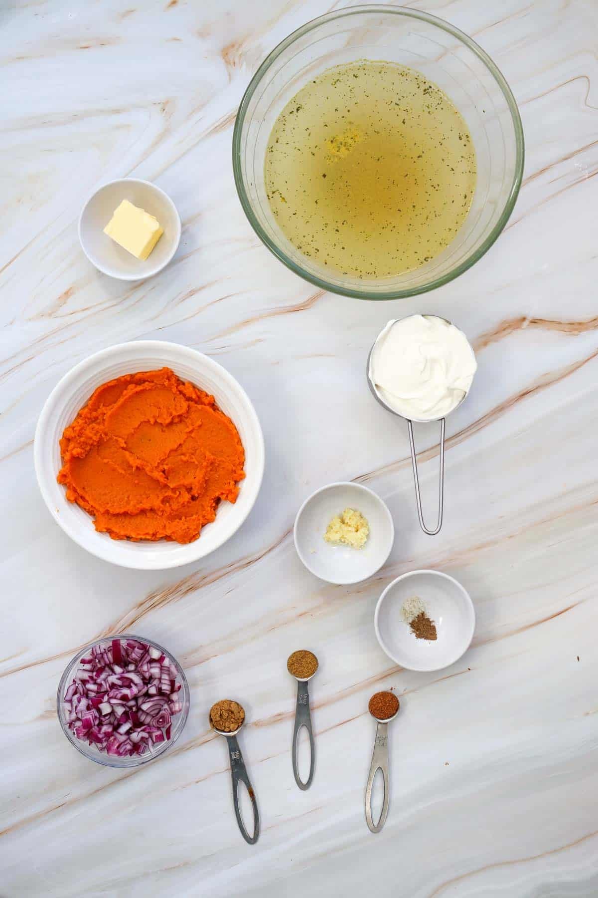 pumpkin soup ingredients on the kitchne counter
