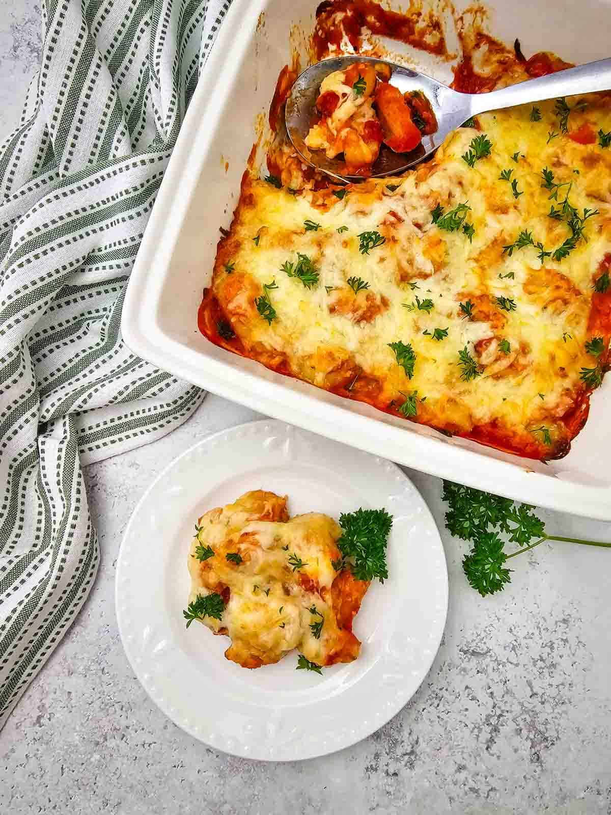 cheesy baked gnocchi in a baking dish