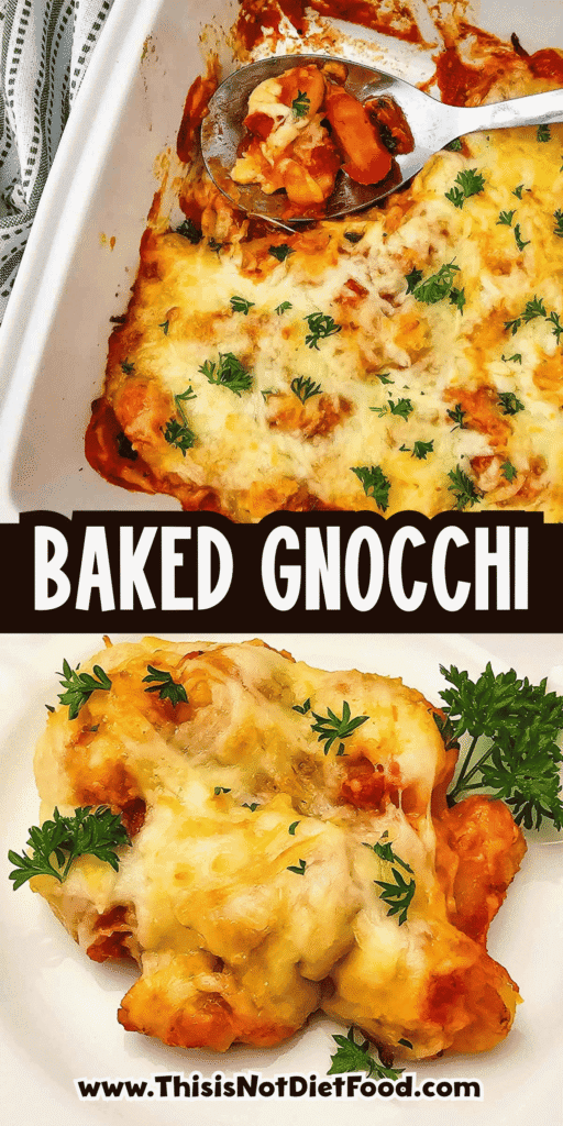 This easy Baked Gnocchi recipe is the perfect comfort food dinner for busy weeknights, lazy weekends, and family meals when you need something simple but satisfying. Tender potato gnocchi is layered with rich pasta sauce, shredded mozzarella cheese, parmesan cheese, and fresh parsley, then baked until hot, bubbly, and golden on top. This cheesy gnocchi bake is a quick casserole recipe made with just a few ingredients, but it tastes like a hearty Italian-inspired dinner everyone will love. Save this baked gnocchi casserole for an easy meatless dinner, simple pasta bake, vegetarian dinner idea, easy casserole recipe, cozy comfort food meal, kid-friendly dinner, quick weeknight recipe, or cheesy baked pasta dish served with garlic bread and salad.