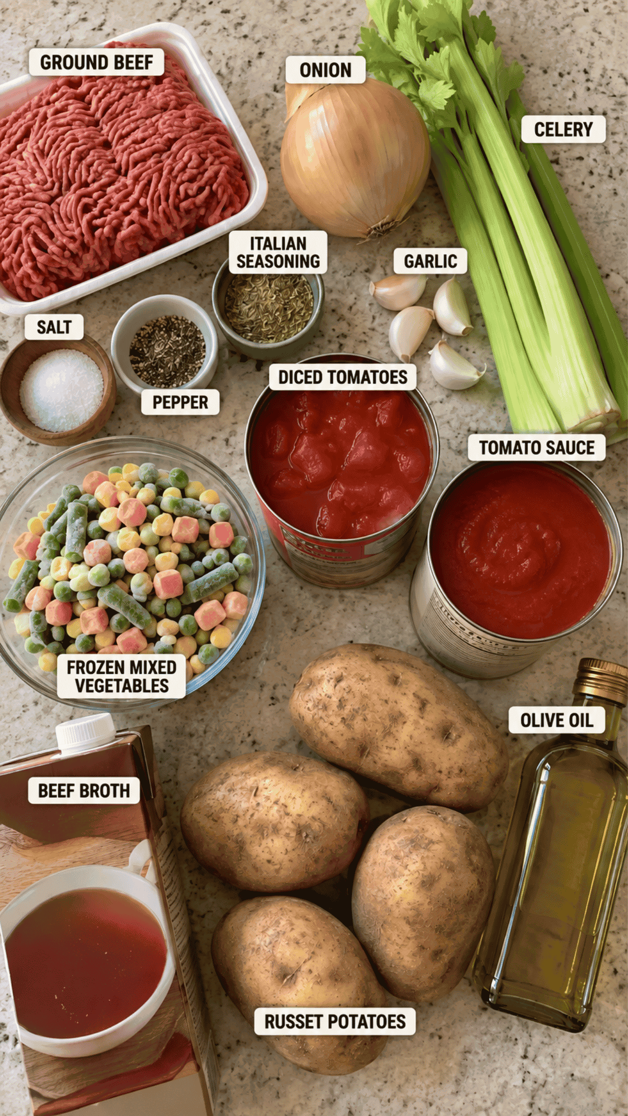beef vegetable soup ingredients on the kitchen counter