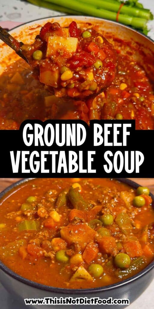 This Beef Vegetable Soup is an easy one-pot dinner loaded with seasoned ground beef, tender russet potatoes, diced tomatoes, celery, onions and colourful mixed vegetables in a rich tomato and beef broth. Ready in just 45 minutes, this hearty homemade soup is perfect for busy weeknights, chilly fall evenings and cozy winter dinners. Save this easy beef soup recipe when you need simple ground beef dinner ideas, comforting soup recipes, budget-friendly family meals or a quick way to use frozen vegetables. It’s a delicious vegetable beef soup for meal prep, freezer meals, cold-weather lunches and satisfying dinners the whole family will enjoy. Serve it with crusty bread, warm dinner rolls or crackers for an easy comfort food meal packed with meat, potatoes and vegetables.