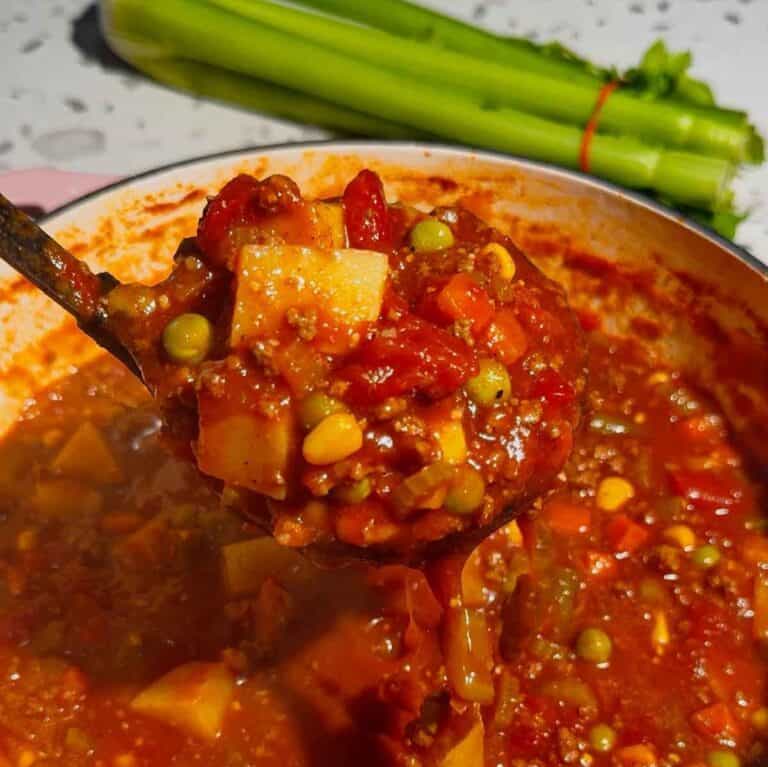 This Beef Vegetable Soup is an easy one-pot dinner loaded with seasoned ground beef, tender russet potatoes, diced tomatoes, celery, onions and colourful mixed vegetables in a rich tomato and beef broth. Ready in just 45 minutes, this hearty homemade soup is perfect for busy weeknights, chilly fall evenings and cozy winter dinners. Save this easy beef soup recipe when you need simple ground beef dinner ideas, comforting soup recipes, budget-friendly family meals or a quick way to use frozen vegetables. It’s a delicious vegetable beef soup for meal prep, freezer meals, cold-weather lunches and satisfying dinners the whole family will enjoy. Serve it with crusty bread, warm dinner rolls or crackers for an easy comfort food meal packed with meat, potatoes and vegetables.