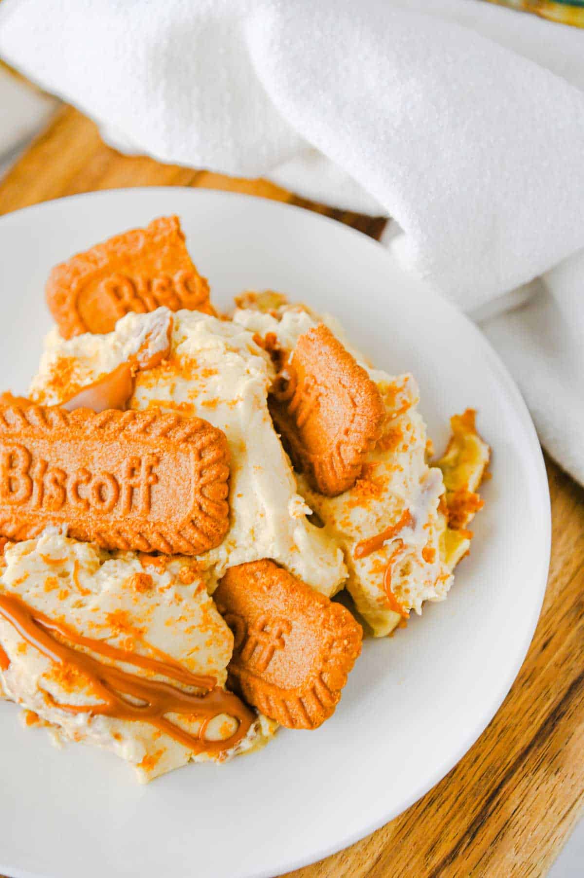 bowl full of biscoff banana pudding