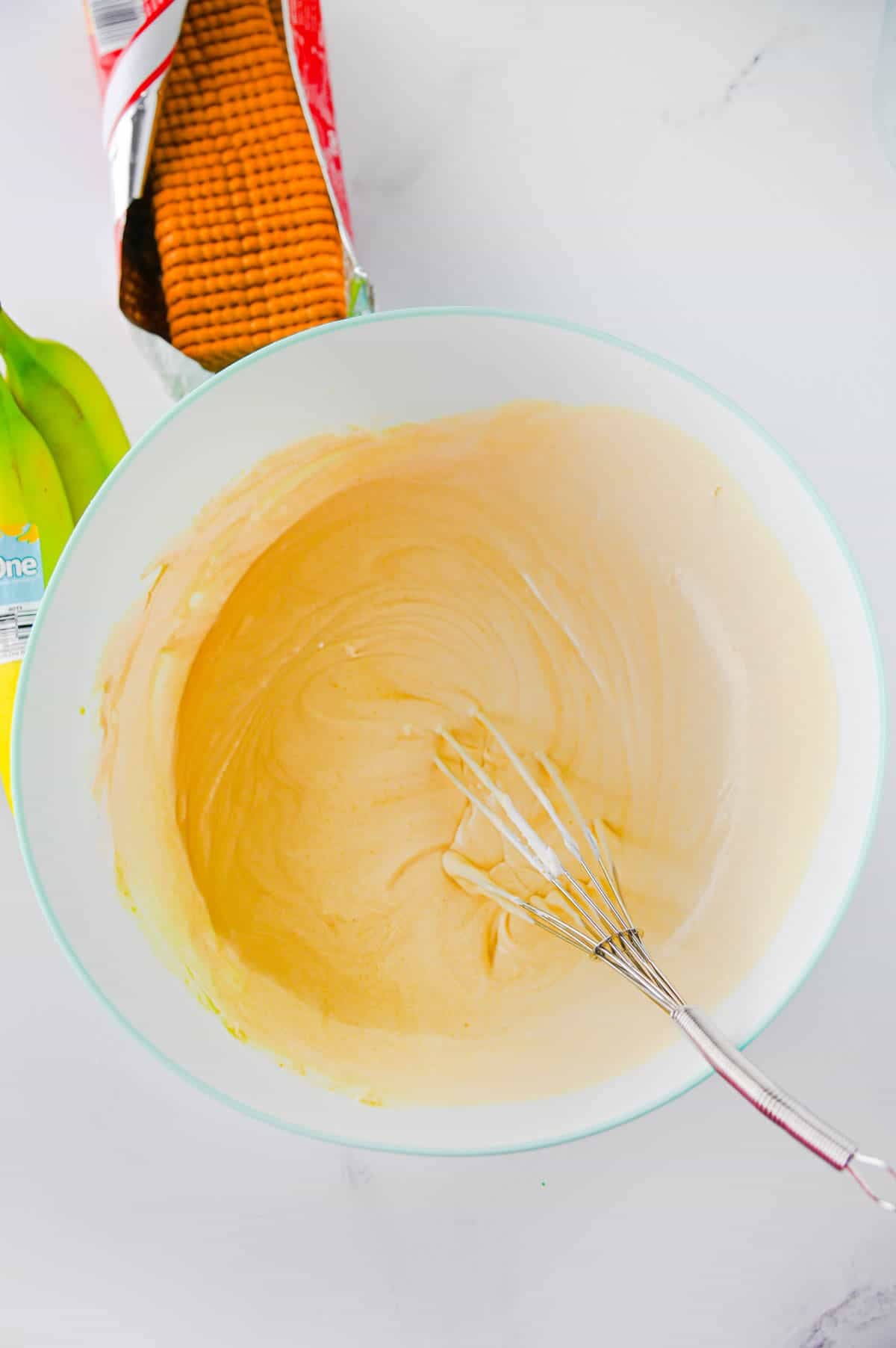 pudding mixture in a mixing bowl