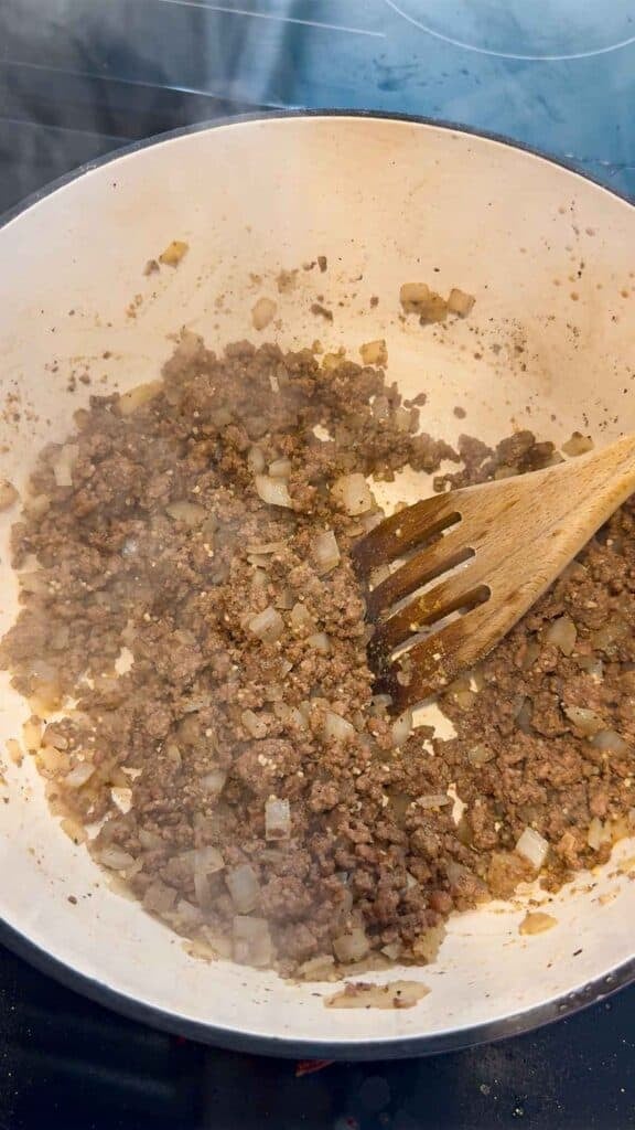 seasoned ground beef in a skillet