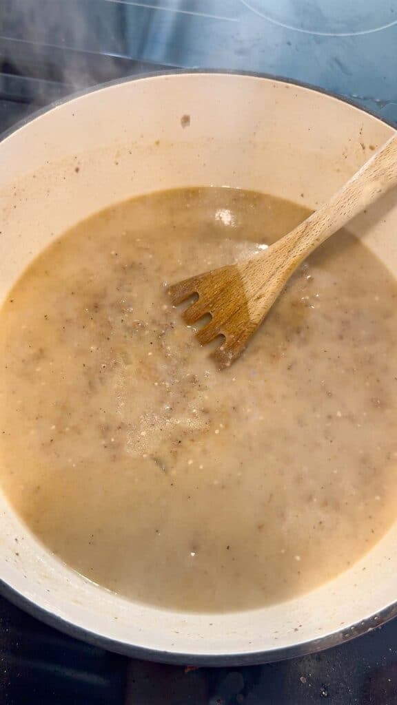 chicken broth stirred with seasoned ground beef mixture