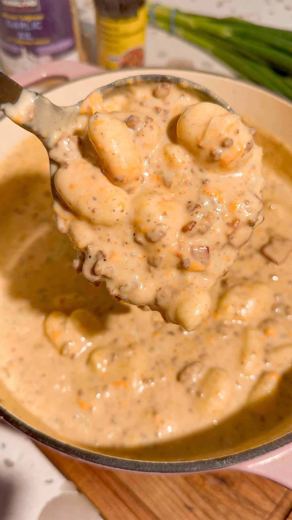 thick and creamy cheeseburger gnocchi soup in a pot