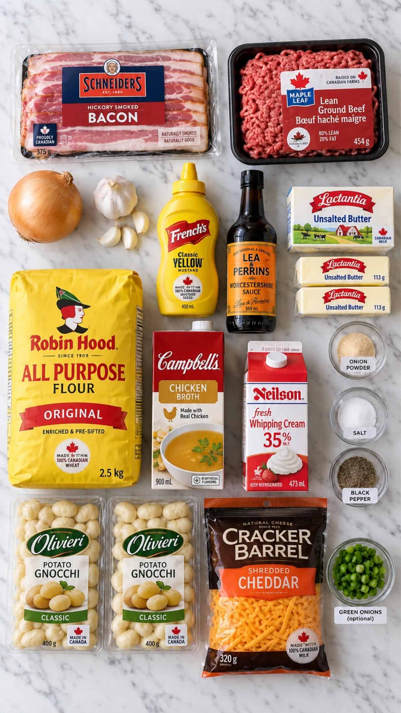cheeseburger gnocchi soup ingredients on the kitchen counter