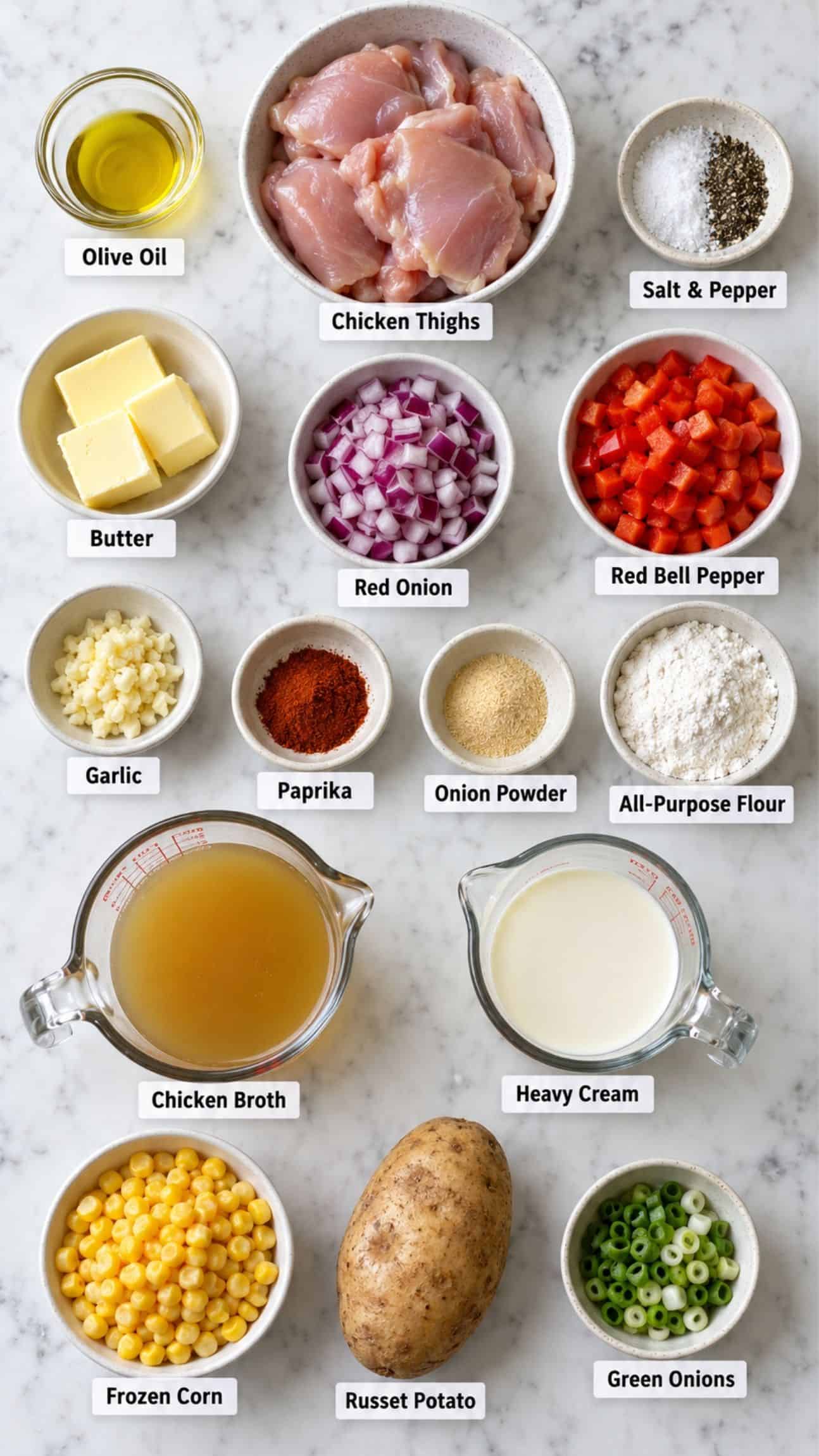 chicken corn chowder ingredients on the kitchen counter