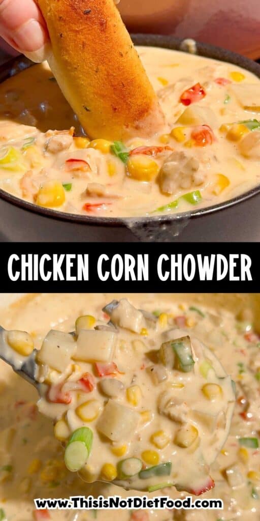 This creamy Chicken Corn Chowder is a cozy dinner for busy weeknights, chilly fall evenings and cold winter days. Tender chicken thighs, sweet corn, diced potatoes, red bell pepper and green onions are simmered in a rich, creamy broth for a hearty one pot meal the whole family will love. Save this easy chicken corn chowder recipe when you need comforting soup recipes, creamy chicken soup, corn chowder with potatoes, chicken thigh recipes or quick family dinner ideas. This homemade corn chowder is ready in just 45 minutes and pairs perfectly with crusty bread, biscuits or a simple salad. It’s an easy soup recipe for meal prep, Sunday dinner, weeknight meals or feeding a hungry crowd. Make this thick and creamy chicken and corn soup whenever you’re craving warm, satisfying comfort food!