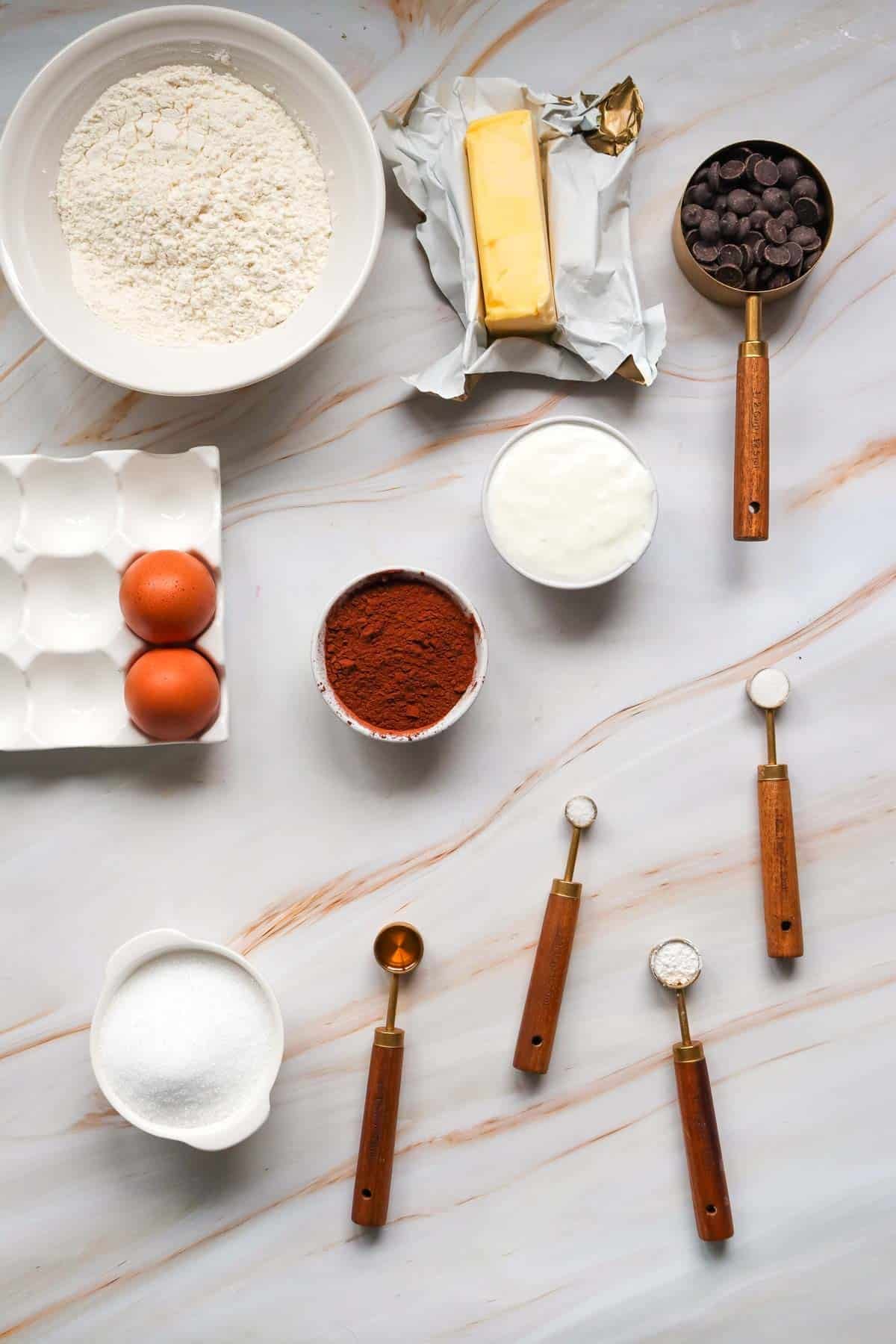 chocolate loaf cake ingredients on the kitchen counter