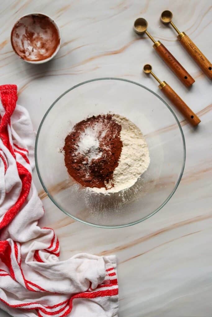 flour, cocoa powder, baking soda and salt in a large mixing bowl