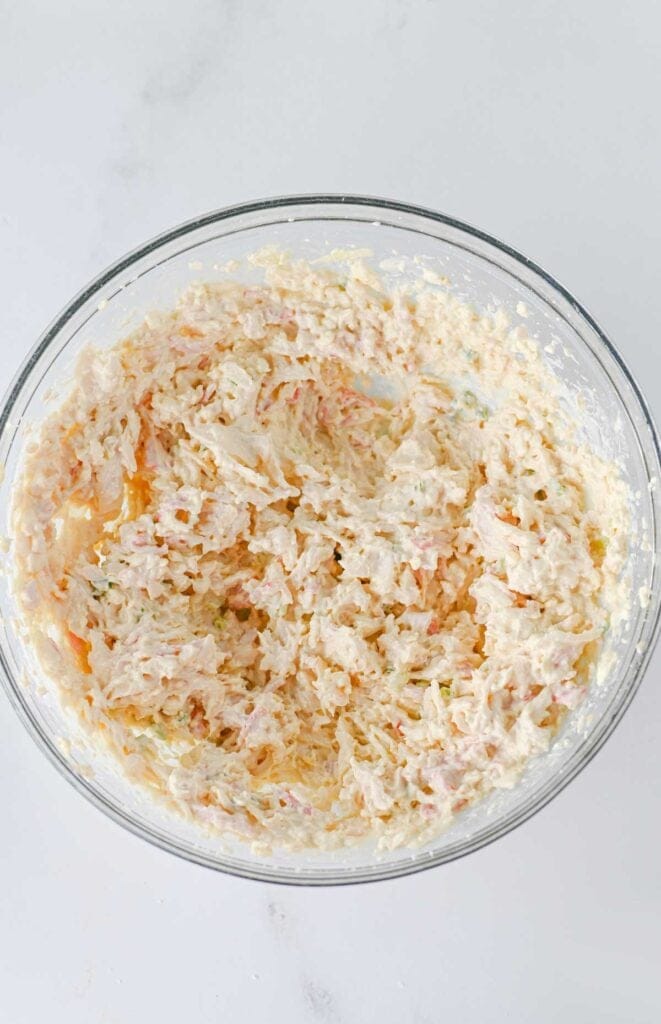 creamy crab mixture in a mixing bowl
