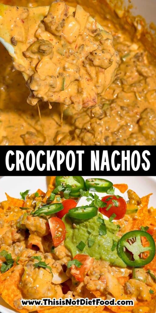 These Crock Pot Nachos are easy game day food, party appetizer or fun family dinner loaded with bold Tex-Mex flavor. This easy slow cooker nachos recipe combines seasoned ground beef, Italian sausage, onions, green peppers, Rotel, salsa con queso, cream cheese and shredded cheese for an extra creamy, meaty nacho topping. Spoon the cheesy Crock Pot nacho mixture over tortilla chips or Doritos, then add sour cream, guacamole, diced tomatoes, cilantro and jalapenos. If you need easy Crock Pot appetizers, slow cooker party food, football food ideas, Super Bowl snacks, nacho recipes or easy appetizers for a crowd, save this recipe. These loaded nachos are perfect for game day parties, potlucks, movie nights and casual entertaining when you want easy comfort food everyone will dig into!