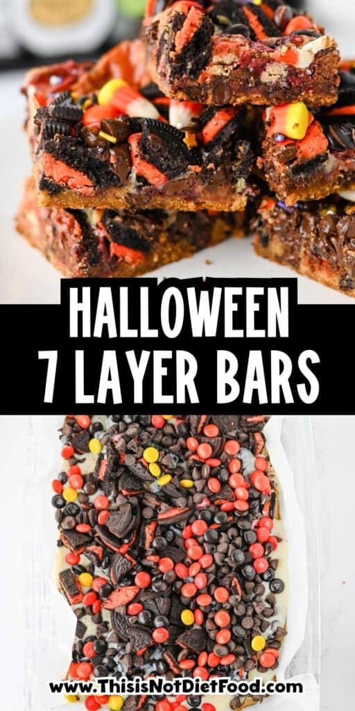These Halloween Layer Bars are an easy Halloween dessert, loaded with chocolate chip cookie dough, Halloween Oreos, M&Ms, Reese’s Pieces, candy corn and festive sprinkles. If you’re looking for Halloween desserts for a party, Halloween treats for kids, easy Halloween baking ideas or fun Halloween party food, these gooey cookie bars check every box. A buttery chocolate chip cookie base is piled high with crushed Oreos, chocolate candy and sweetened condensed milk for rich, chewy layers in every bite. These Halloween cookie bars are perfect for a Halloween bake sale, classroom party, spooky movie night or October dessert table. Save this Halloween layer bars recipe when you need easy Halloween treats, candy corn desserts, Halloween Oreo desserts or a fun way to use Halloween candy!