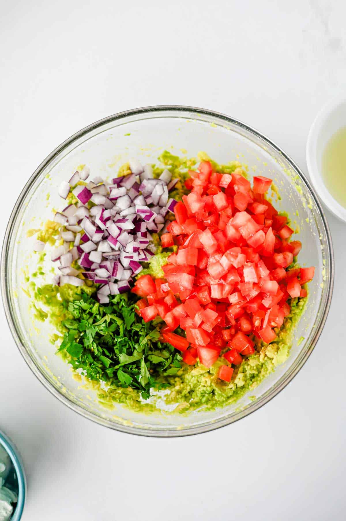 chopped tomatoes, red onion and cilantro on top of avocado in a mixing bowl