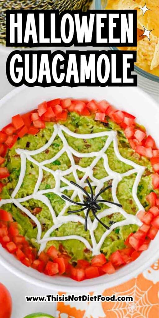 This Halloween Guacamole is the ultimate spooky appetizer for any spooky celebration! Creamy homemade guacamole with avocado, Roma tomatoes, red onion, fresh cilantro, and lime juice gets a festive makeover with an easy sour cream spider web on top. This Spider Web Guacamole is a fun Halloween dip that's ready in just 15 minutes and perfect with tortilla chips, crackers, or fresh veggies. If you need Easy Halloween Appetizers, Halloween Party Food, Halloween Dip Recipes, Spooky Halloween Food, Halloween Snacks for Kids, or Halloween Guacamole Ideas, this simple recipe belongs on your menu. Add diced tomatoes around the edge and a plastic spider for an extra creepy finish. It's an easy Halloween party appetizer that's fresh, colorful, delicious, and perfect for a Halloween snack table!