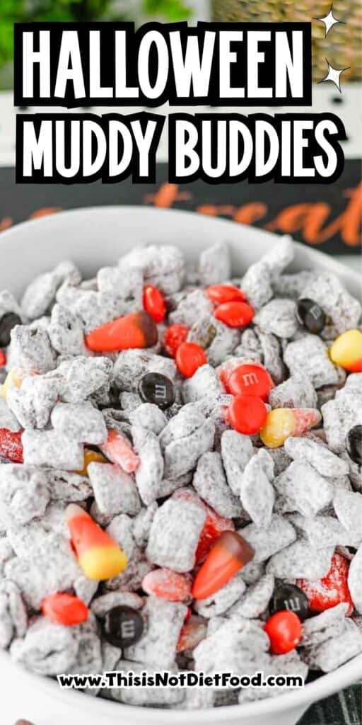 Halloween Muddy Buddies are easy Halloween snack for parties and spooky season snacking! This Halloween Muddy Buddies Recipe combines crunchy Rice Chex cereal with melted chocolate, creamy peanut butter, butter, and powdered sugar for classic Puppy Chow, then adds Halloween M&Ms and candy corn for a festive twist. If you need Easy Halloween Treats, Halloween Party Food, Halloween Snacks For Kids, or a No Bake Halloween Dessert, this sweet and crunchy snack mix takes just 15 minutes of prep. Serve it at a Halloween Party, Halloween Sleepover, classroom celebration, fall gathering, or Halloween movie night. This Halloween Chex Mix is colorful, crowd-pleasing, and perfect for anyone searching for Halloween Puppy Chow, Muddy Buddies Chex Mix, Halloween Snack Mix, or fun Halloween Food Ideas.