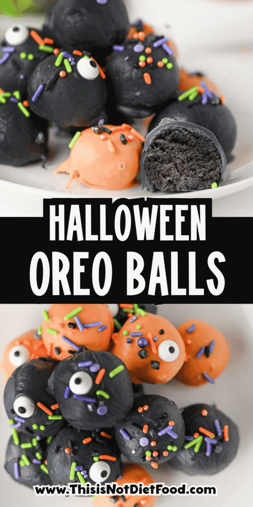 These Halloween Oreo Balls are the ultimate easy no bake Halloween treats for parties and spooky dessert tables! Made with crushed Oreo cookies and cream cheese, these Oreo truffles are dipped in orange and black candy melts and finished with festive Halloween sprinkles. If you're looking for Halloween Oreo balls, Halloween Oreo truffles, easy Halloween desserts, Halloween party food, or fun Halloween treats for kids, this simple recipe is a must-try. They're perfect for Halloween parties, bake sales, potlucks, classroom treats, and movie nights. With just a handful of ingredients and no oven required, these chocolate Oreo balls are an easy Halloween candy treat you can make ahead. Save this Halloween Oreo balls recipe for a spooky and delicious Halloween dessert everyone will love!